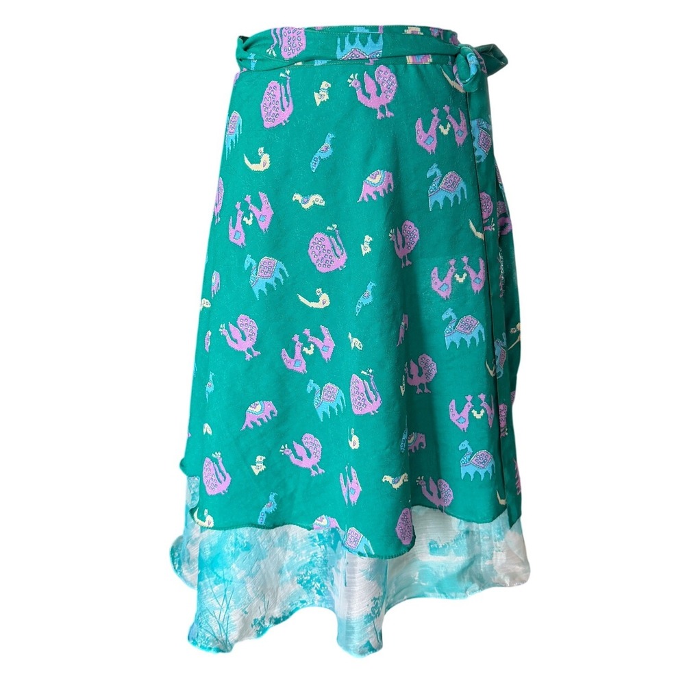 Silk Blend Layered Reversible Midi Wrap Skirt Green Blue Animal Print Bold Boho